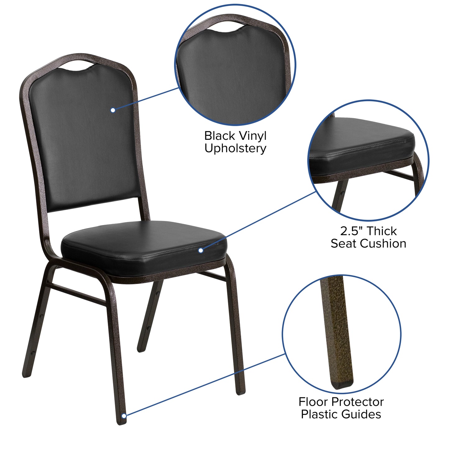 HERCULES Series Crown Back Stacking Banquet Chair in Black Vinyl - Gold Vein Frame Black Vinyl/Gold Vein Frame