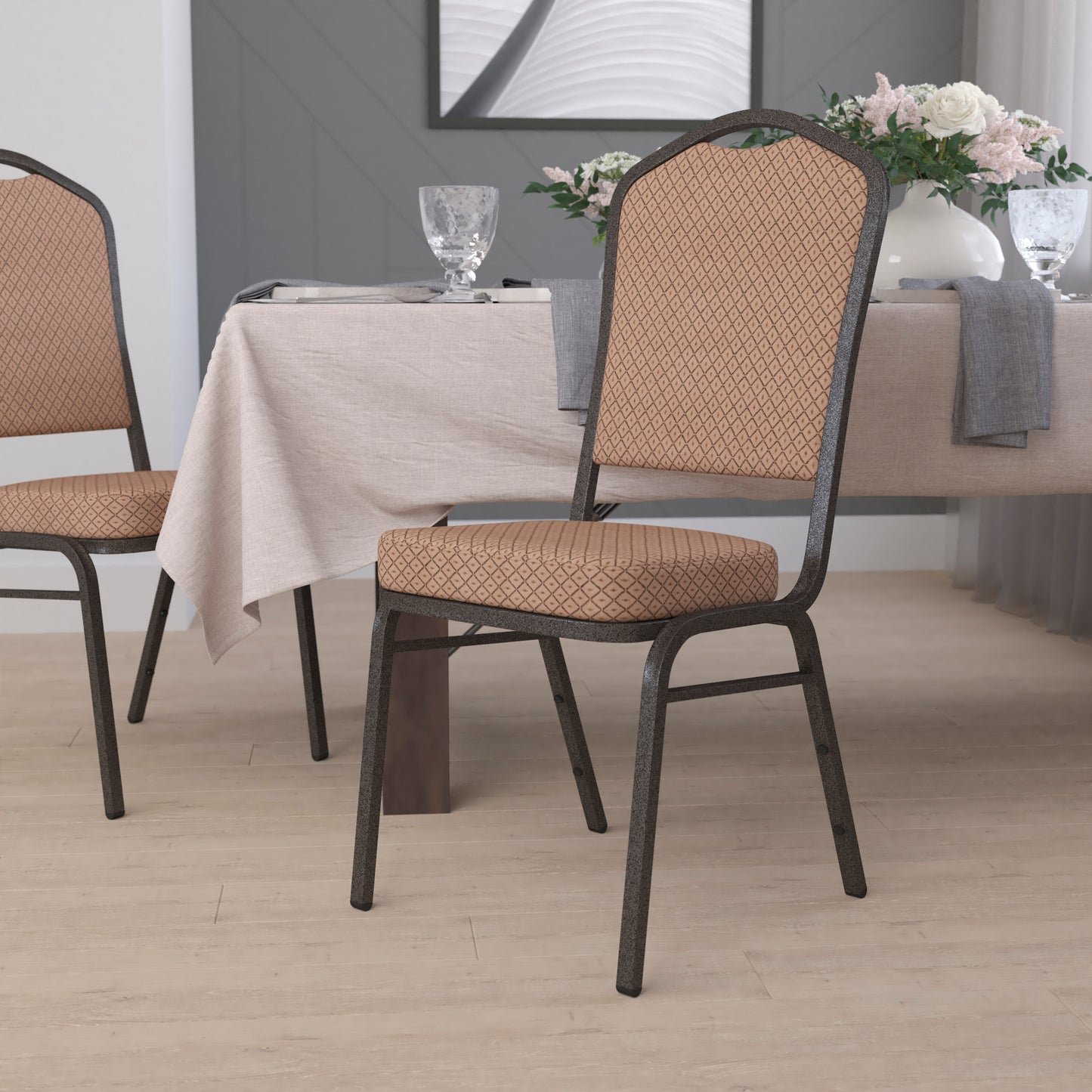 HERCULES Series Crown Back Stacking Banquet Chair in Gold Diamond Patterned Fabric - Gold Vein Frame Gold Diamond Patterned Fabric/Gold Vein Frame
