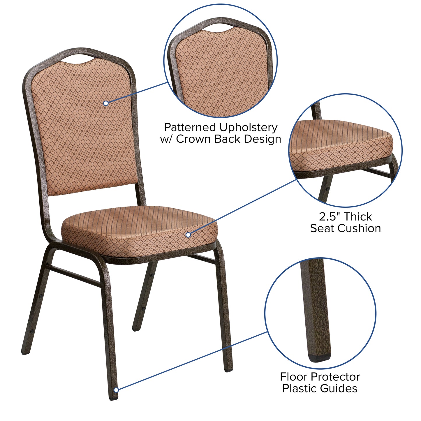 HERCULES Series Crown Back Stacking Banquet Chair in Gold Diamond Patterned Fabric - Gold Vein Frame Gold Diamond Patterned Fabric/Gold Vein Frame
