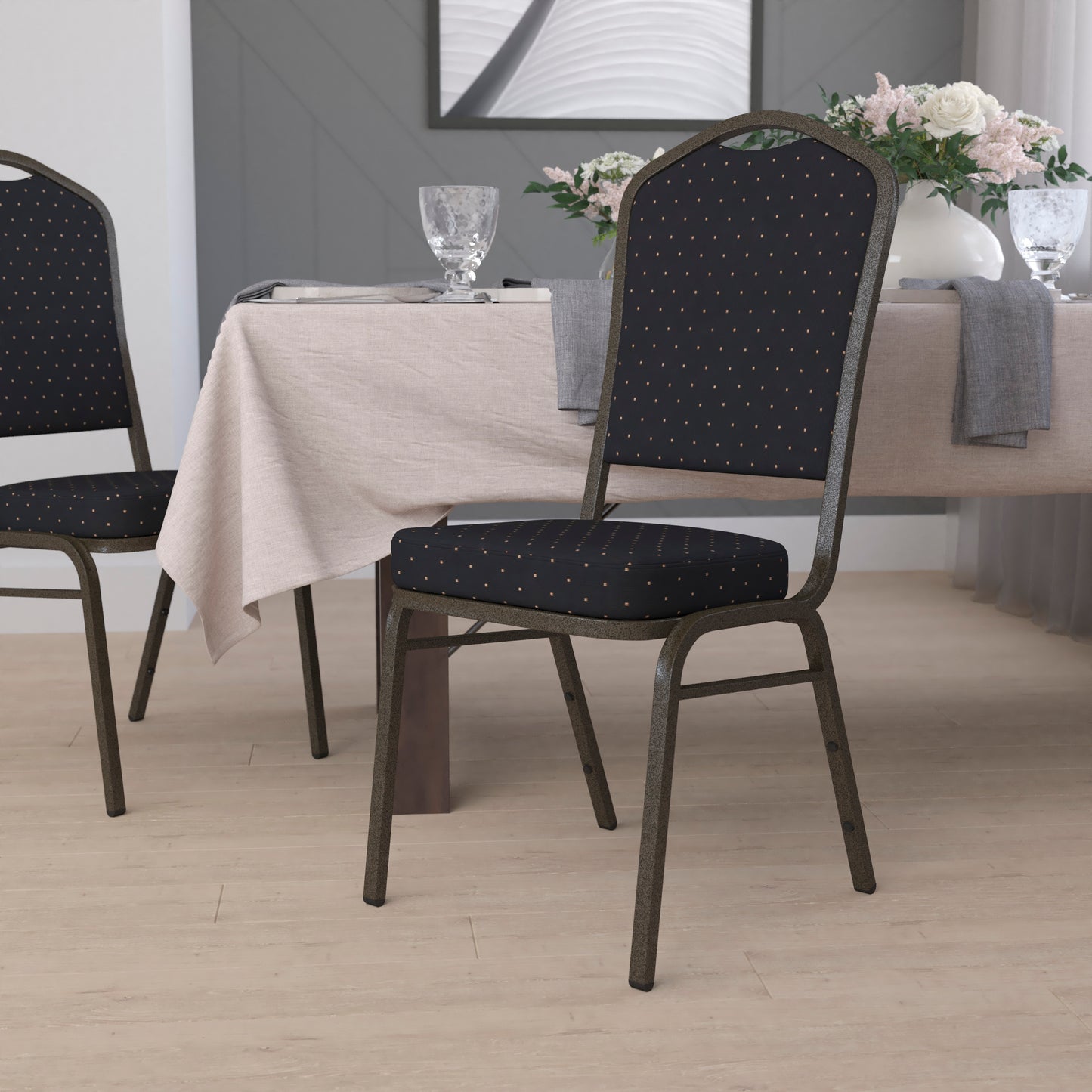 HERCULES Series Crown Back Stacking Banquet Chair in Black Patterned Fabric - Gold Vein Frame Black Patterned Fabric/Gold Vein Frame