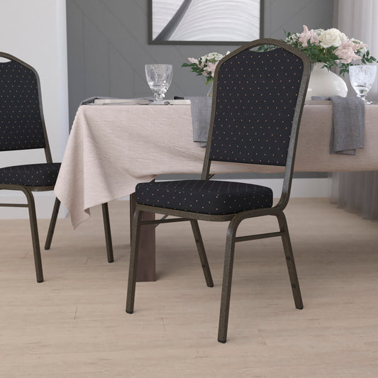 HERCULES Series Crown Back Stacking Banquet Chair in Black Patterned Fabric - Gold Vein Frame Black Patterned Fabric/Gold Vein Frame