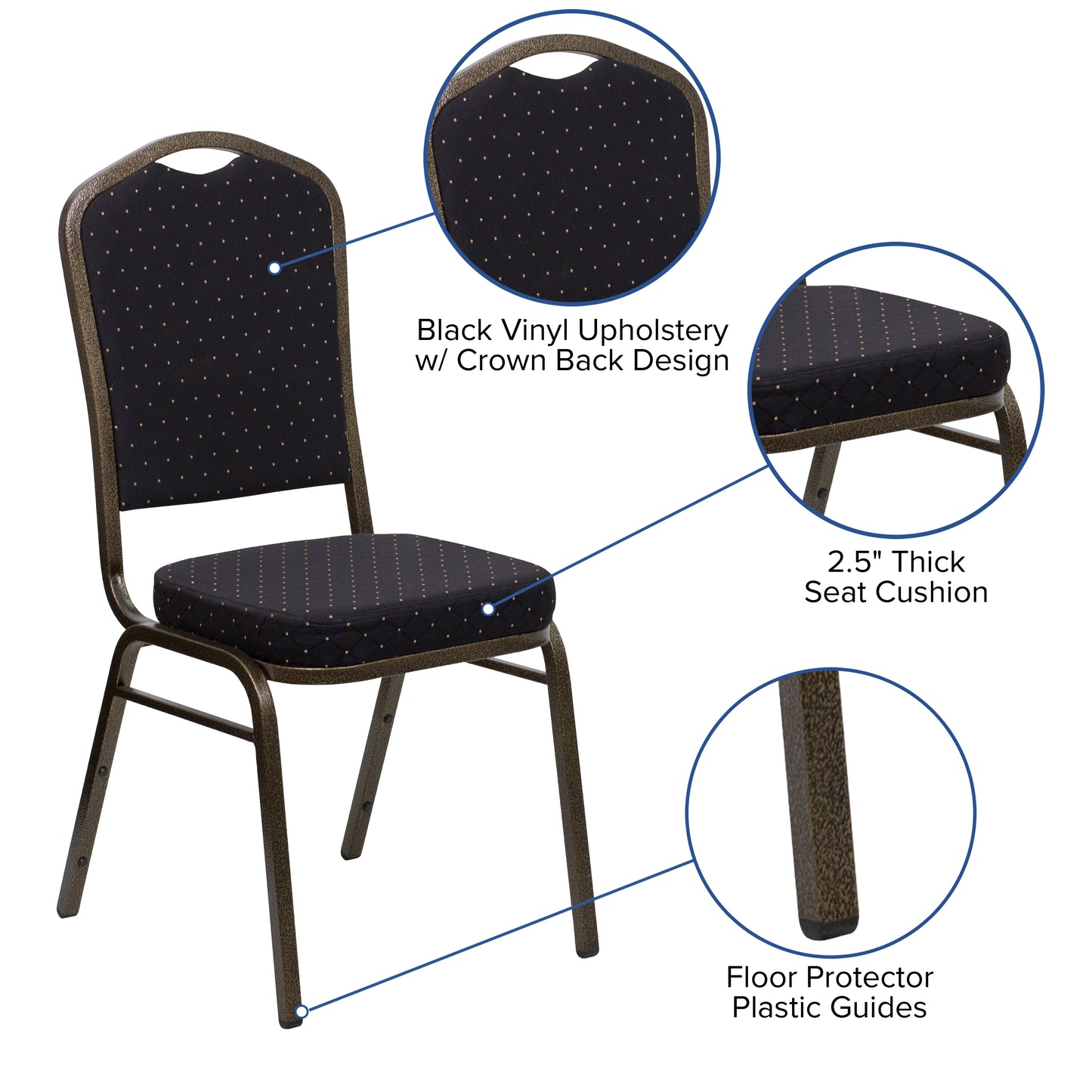HERCULES Series Crown Back Stacking Banquet Chair in Black Patterned Fabric - Gold Vein Frame Black Patterned Fabric/Gold Vein Frame