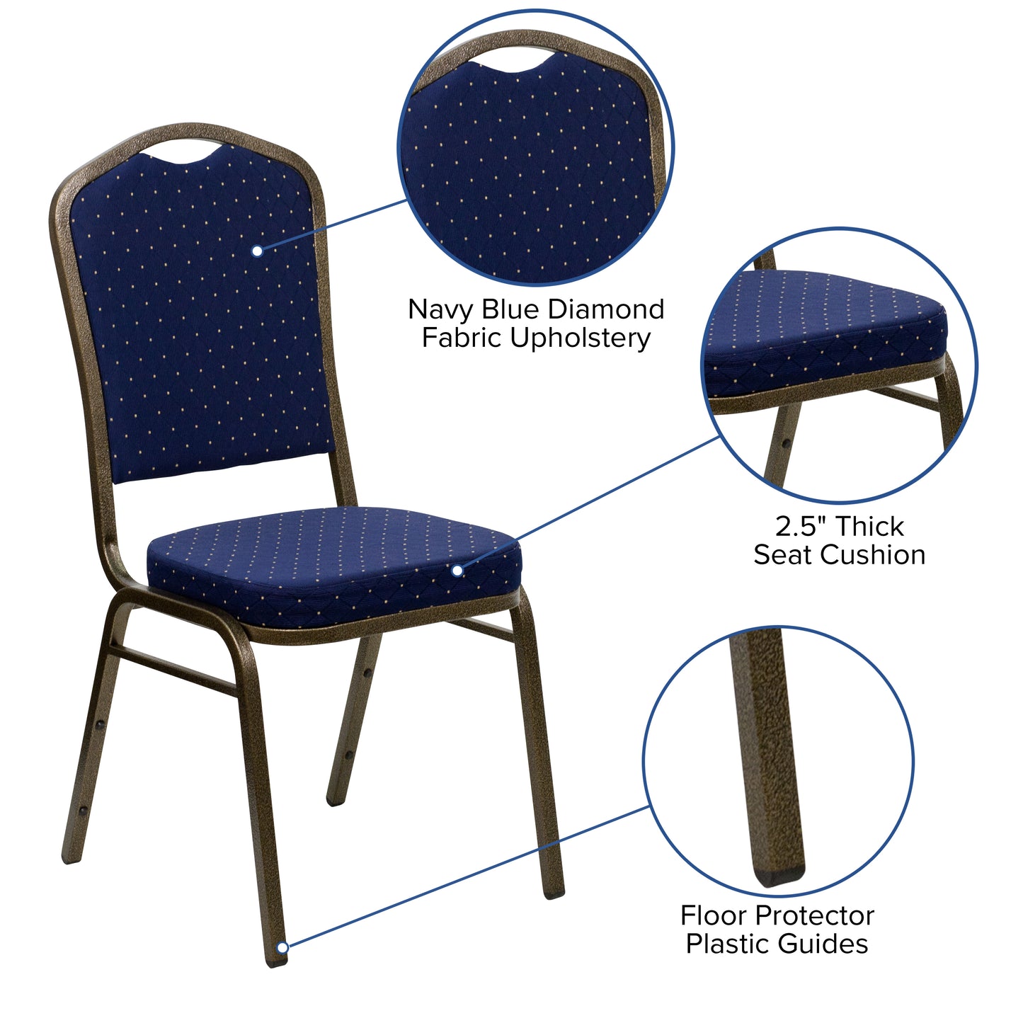 HERCULES Series Crown Back Stacking Banquet Chair in Navy Blue Dot Patterned Fabric - Gold Vein Frame Navy Blue Dot Patterned Fabric/Gold Vein Frame