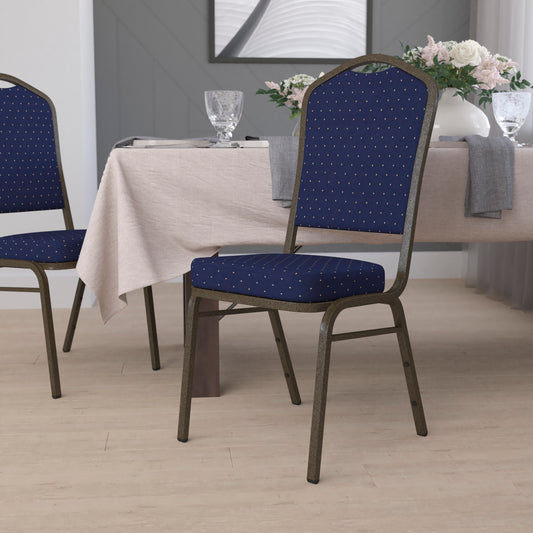 HERCULES Series Crown Back Stacking Banquet Chair in Navy Blue Dot Patterned Fabric - Gold Vein Frame Navy Blue Dot Patterned Fabric/Gold Vein Frame