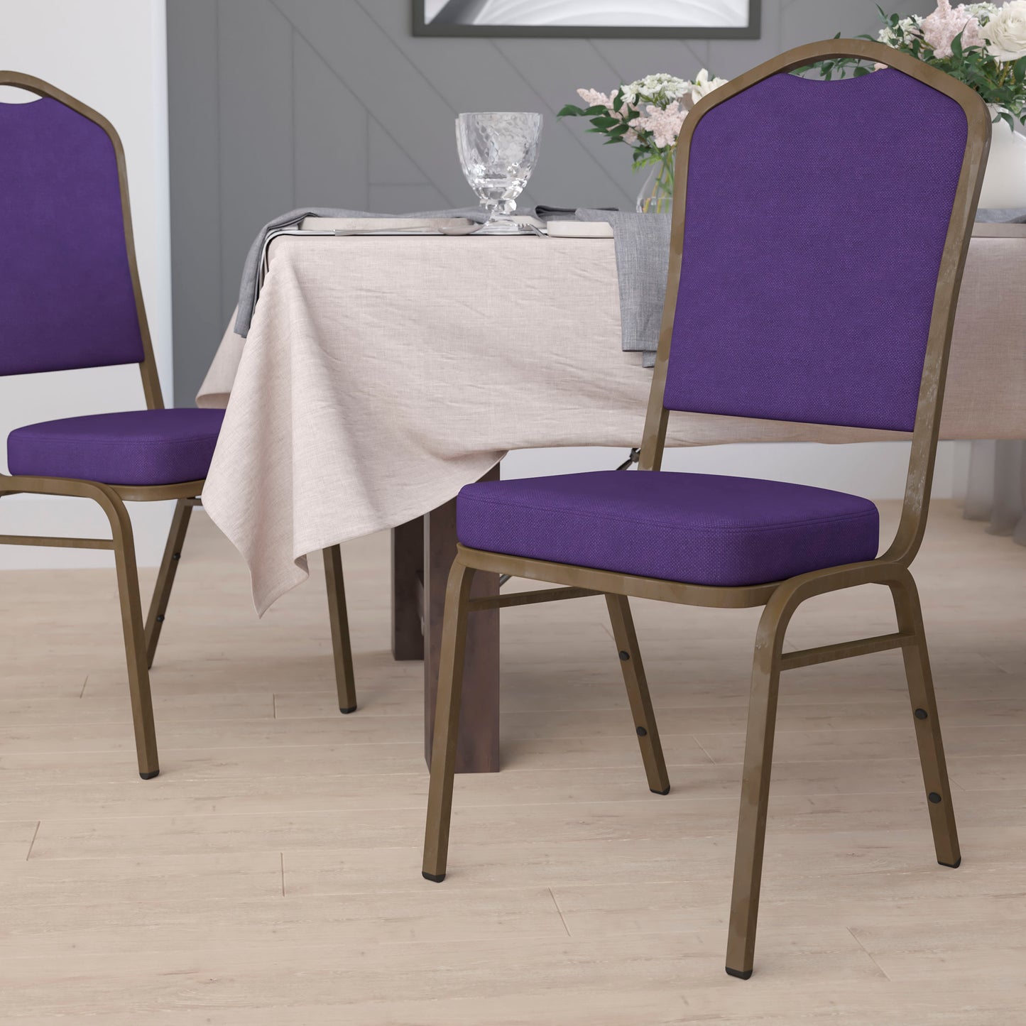 HERCULES Series Crown Back Stacking Banquet Chair in Purple Fabric - Gold Vein Frame Purple Fabric/Gold Vein Frame