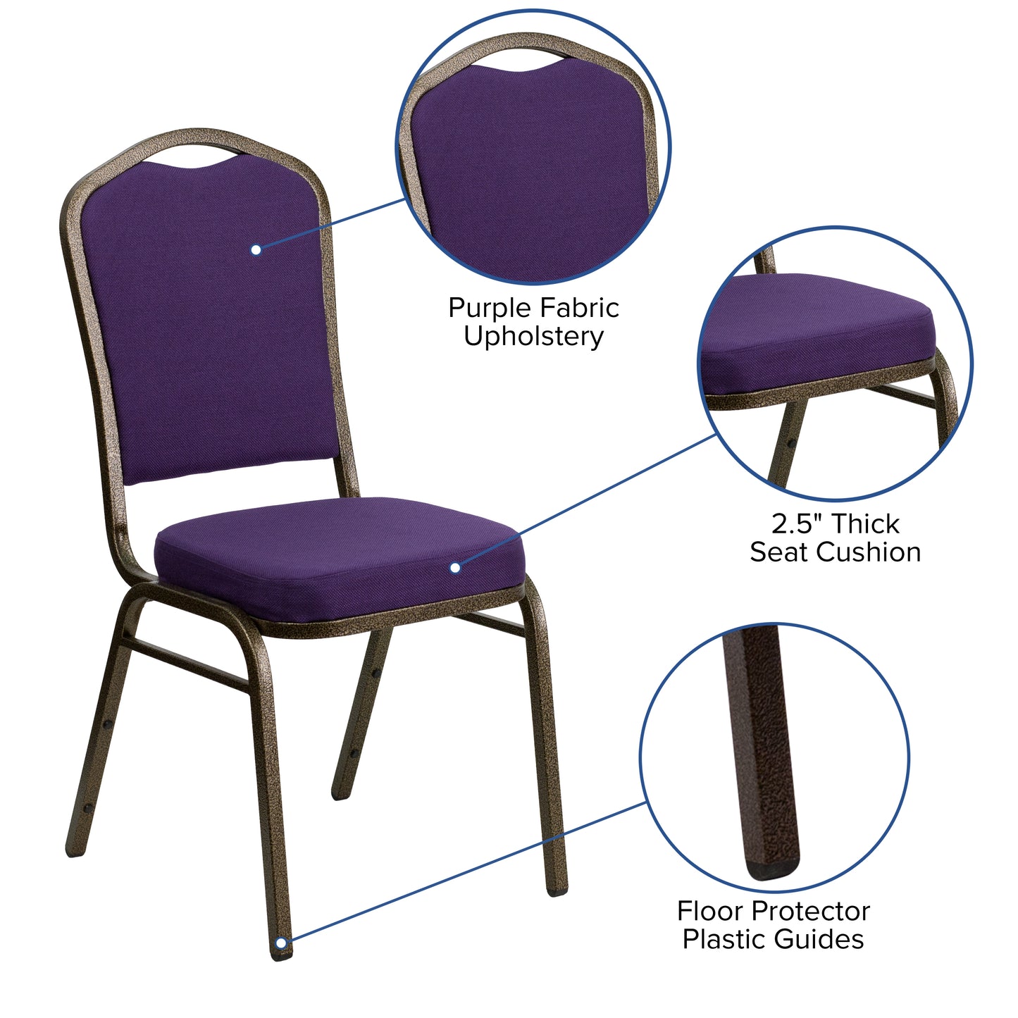 HERCULES Series Crown Back Stacking Banquet Chair in Purple Fabric - Gold Vein Frame Purple Fabric/Gold Vein Frame