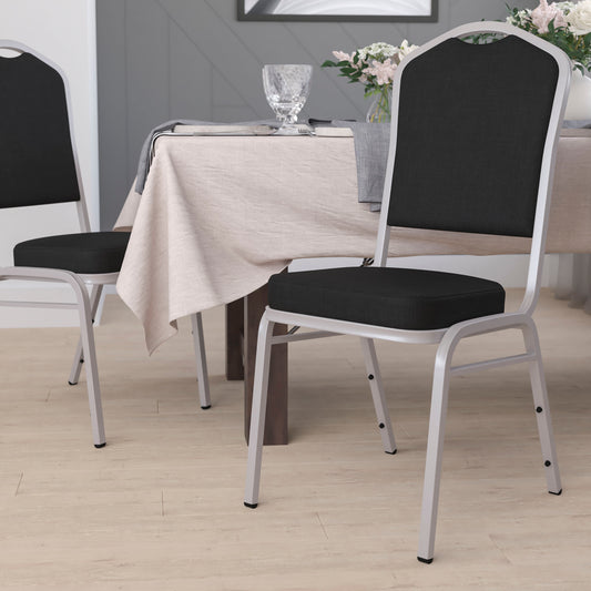 HERCULES Series Crown Back Stacking Banquet Chair in Black Fabric - Silver Frame Black Fabric/Silver Frame