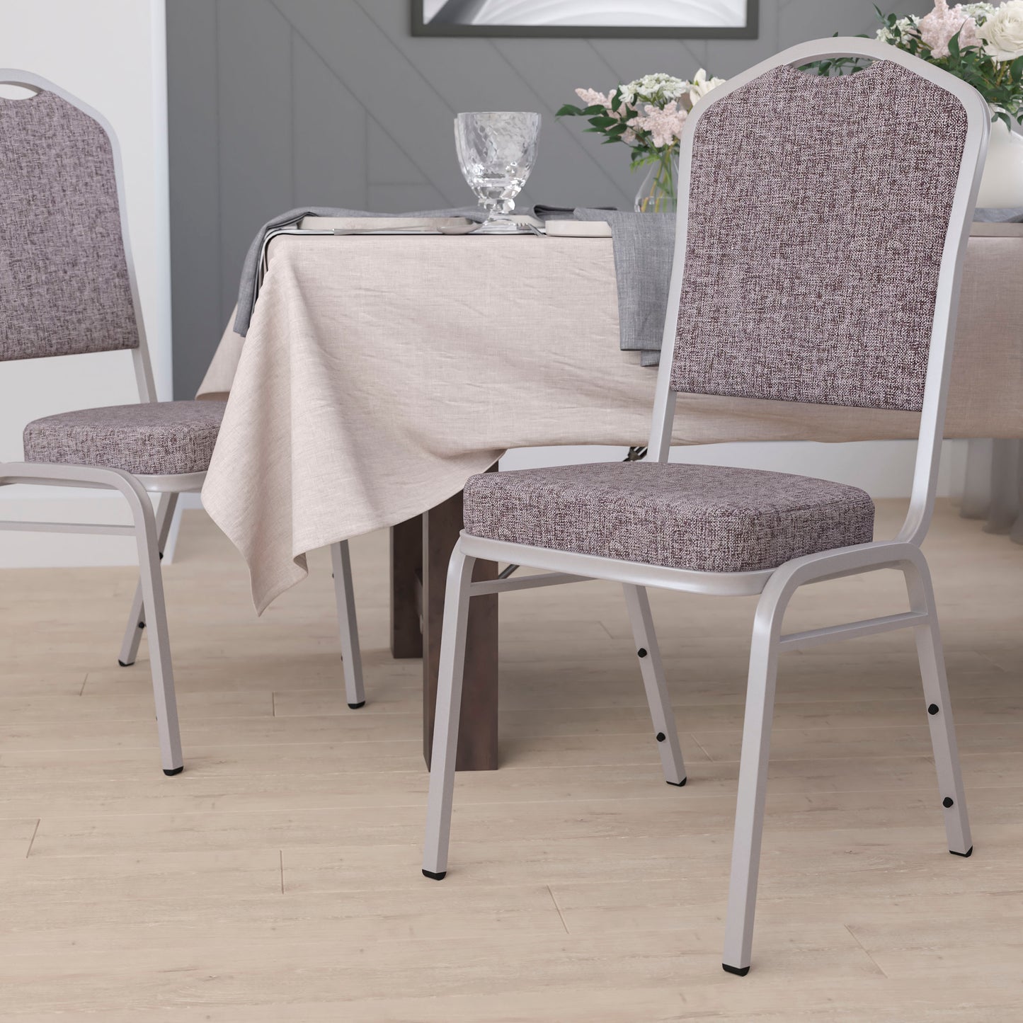 HERCULES Series Crown Back Stacking Banquet Chair in Herringbone Fabric - Silver Frame Herringbone Fabric/Silver Frame