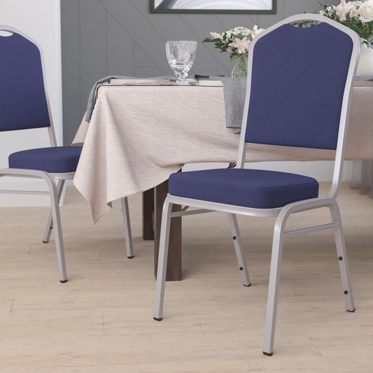 HERCULES Series Crown Back Stacking Banquet Chair in Navy Fabric - Silver Frame Navy Fabric/Silver Frame