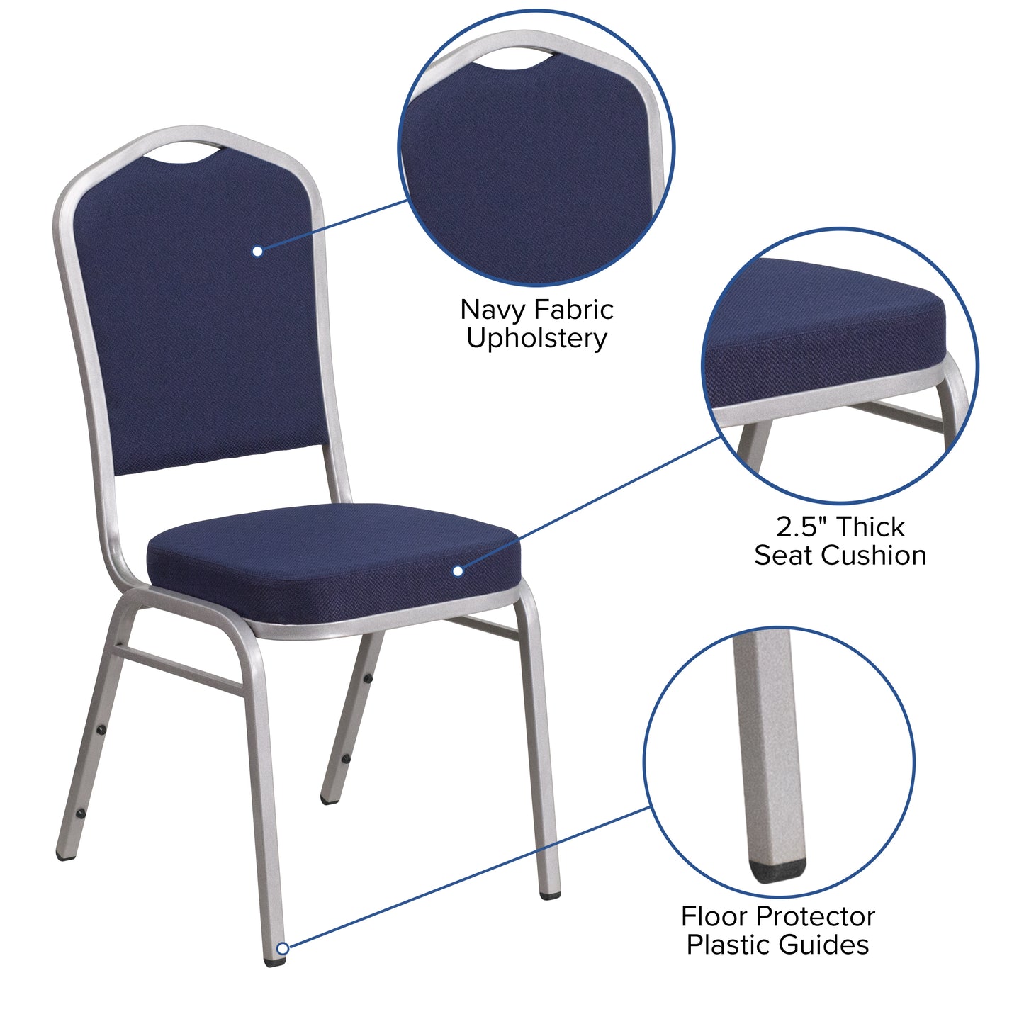 HERCULES Series Crown Back Stacking Banquet Chair in Navy Fabric - Silver Frame Navy Fabric/Silver Frame