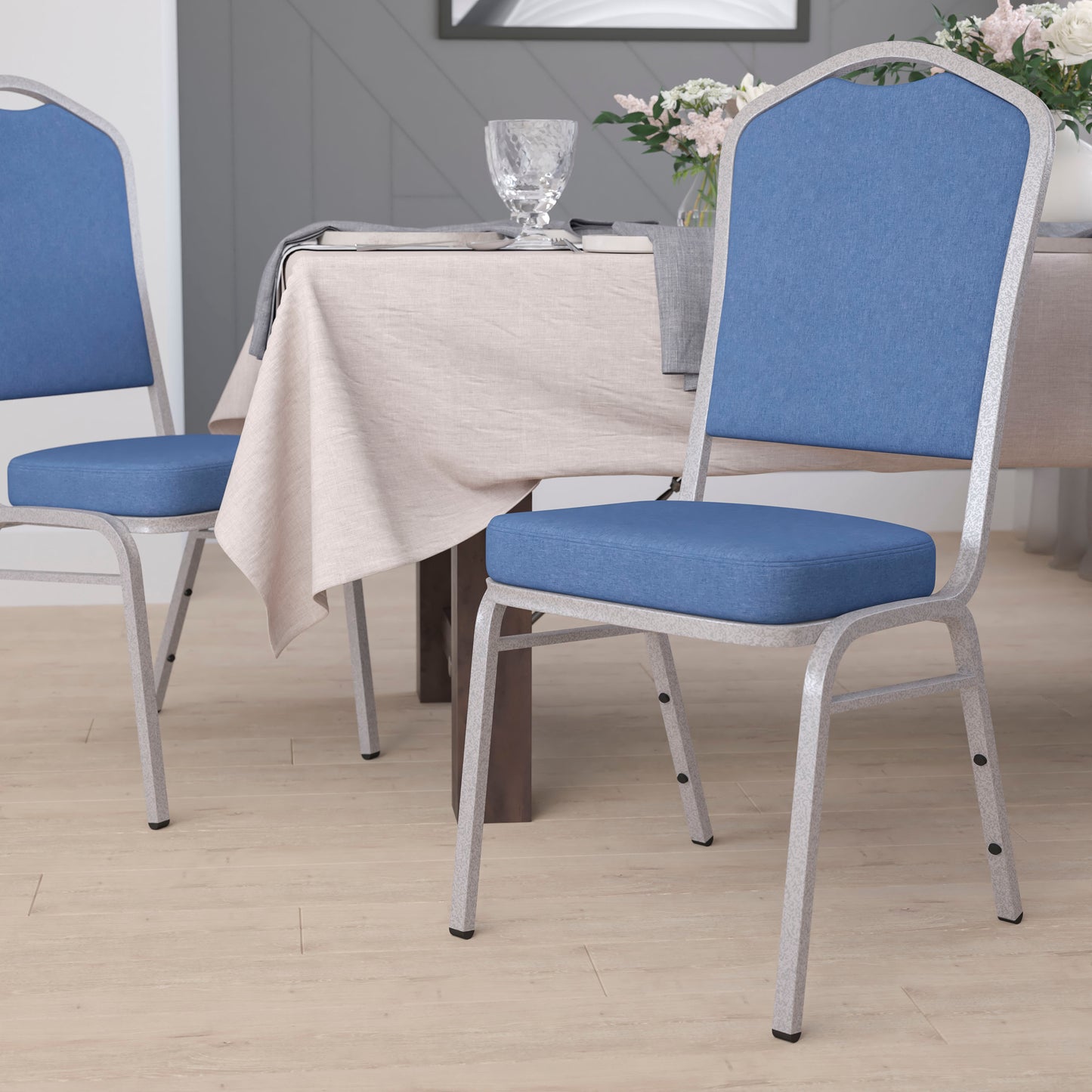 HERCULES Series Crown Back Stacking Banquet Chair in Blue Fabric - Silver Frame Blue Fabric/Silver Frame