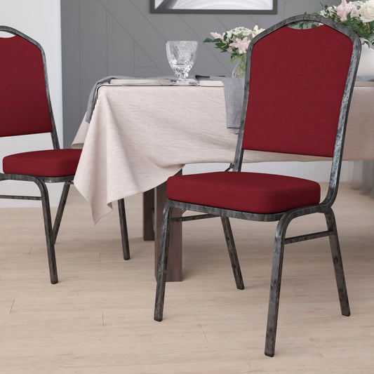 HERCULES Series Crown Back Stacking Banquet Chair in Burgundy Fabric - Silver Vein Frame Burgundy Fabric/Silver Vein Frame