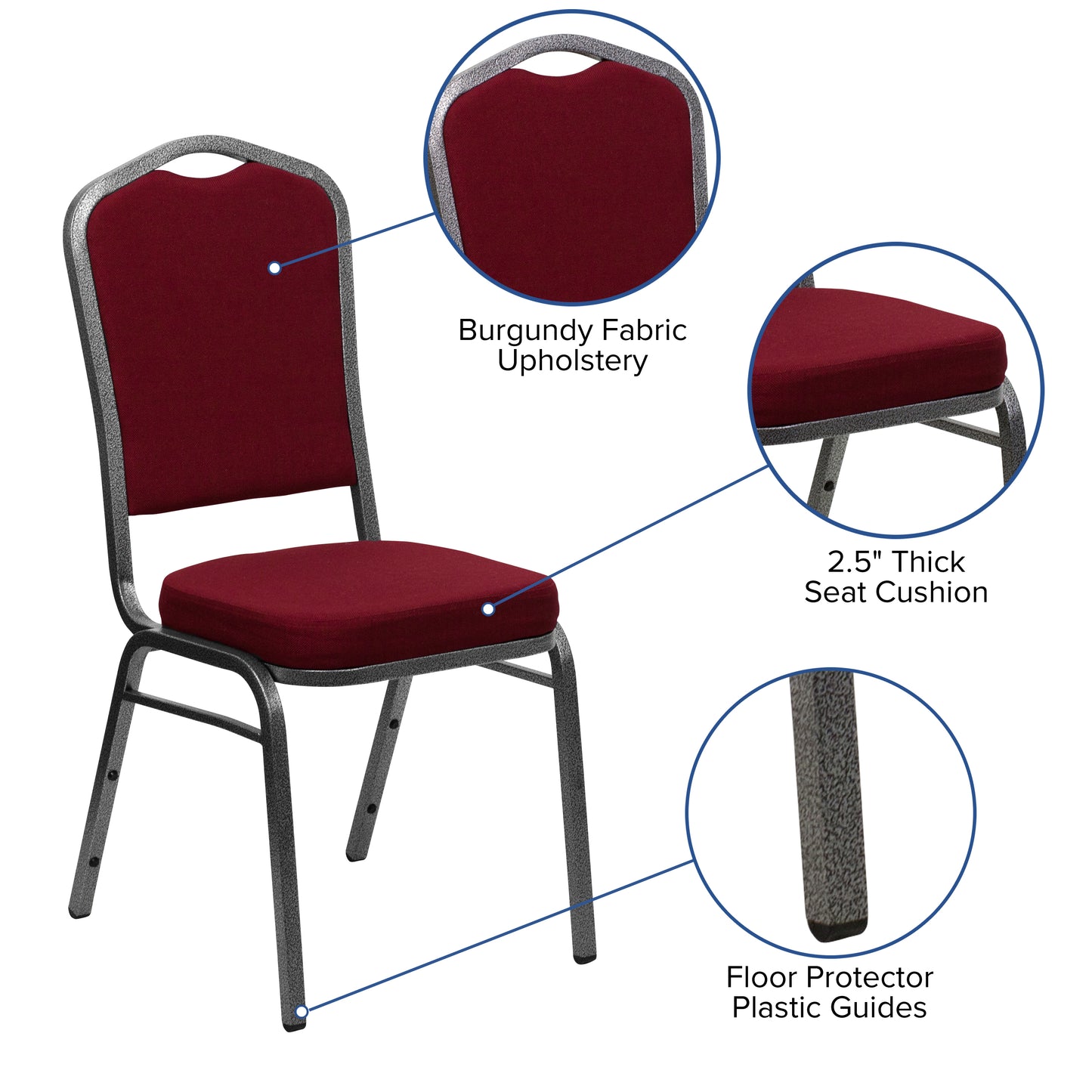 HERCULES Series Crown Back Stacking Banquet Chair in Burgundy Fabric - Silver Vein Frame Burgundy Fabric/Silver Vein Frame