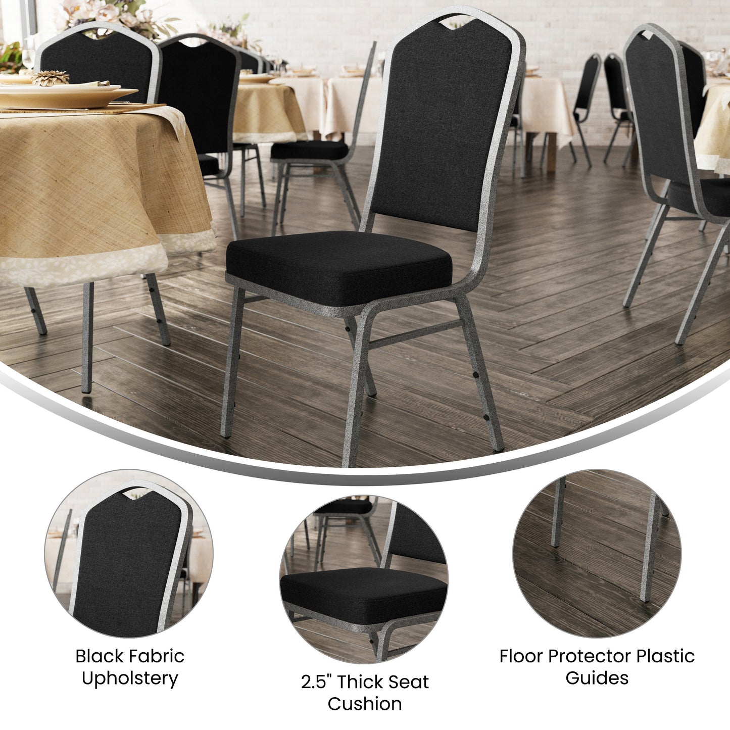 HERCULES Series Crown Back Stacking Banquet Chair in Black Fabric - Silver Vein Frame Black Fabric/Silver Vein Frame