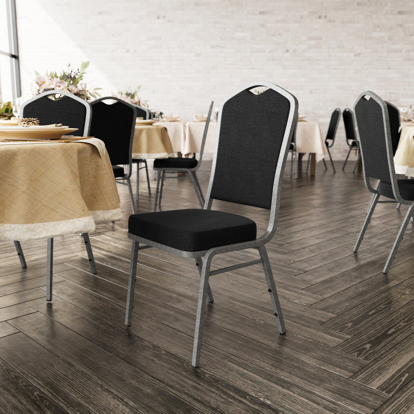 HERCULES Series Crown Back Stacking Banquet Chair in Black Fabric - Silver Vein Frame Black Fabric/Silver Vein Frame