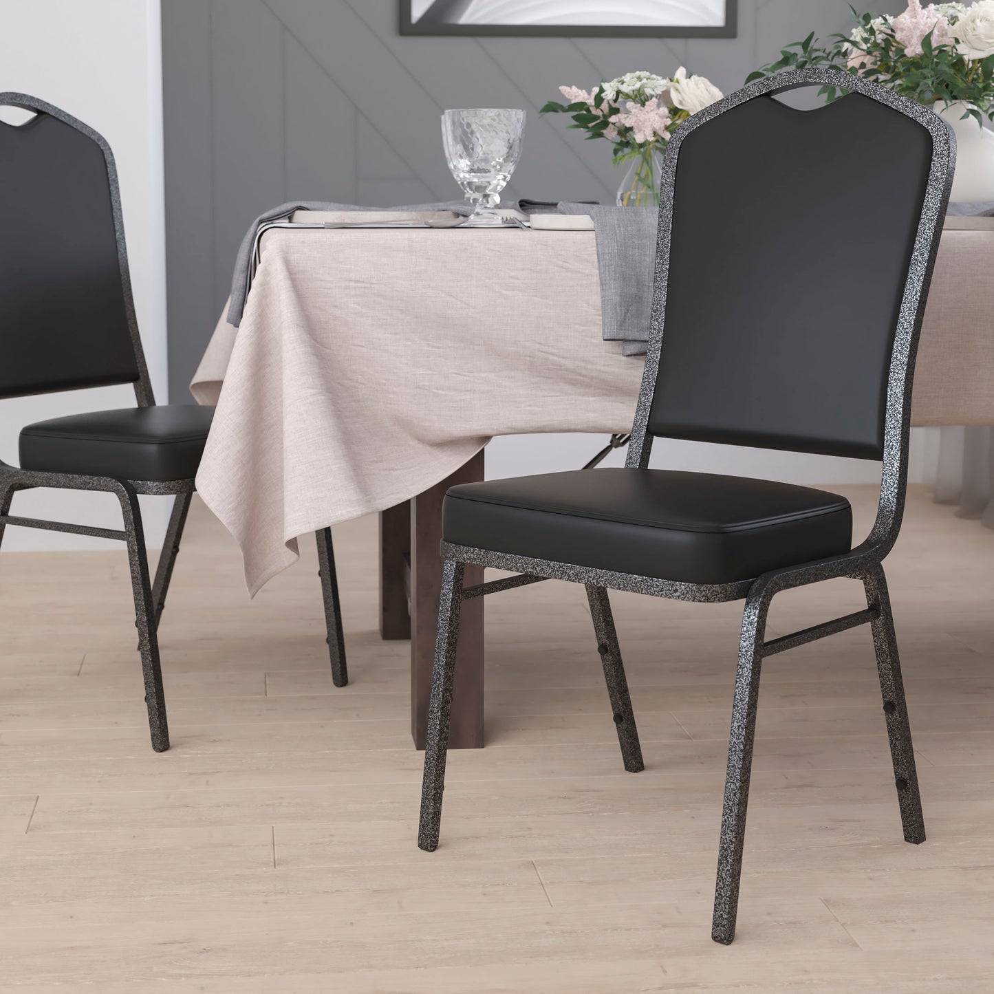 HERCULES Series Crown Back Stacking Banquet Chair in Black Vinyl - Silver Vein Frame Black Vinyl/Silver Vein Frame