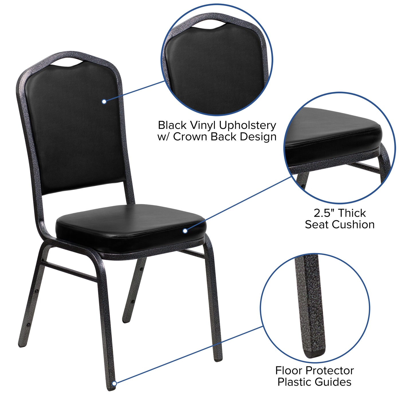 HERCULES Series Crown Back Stacking Banquet Chair in Black Vinyl - Silver Vein Frame Black Vinyl/Silver Vein Frame