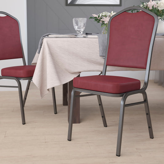 HERCULES Series Crown Back Stacking Banquet Chair in Burgundy Vinyl - Silver Vein Frame Burgundy Vinyl/Silver Vein Frame