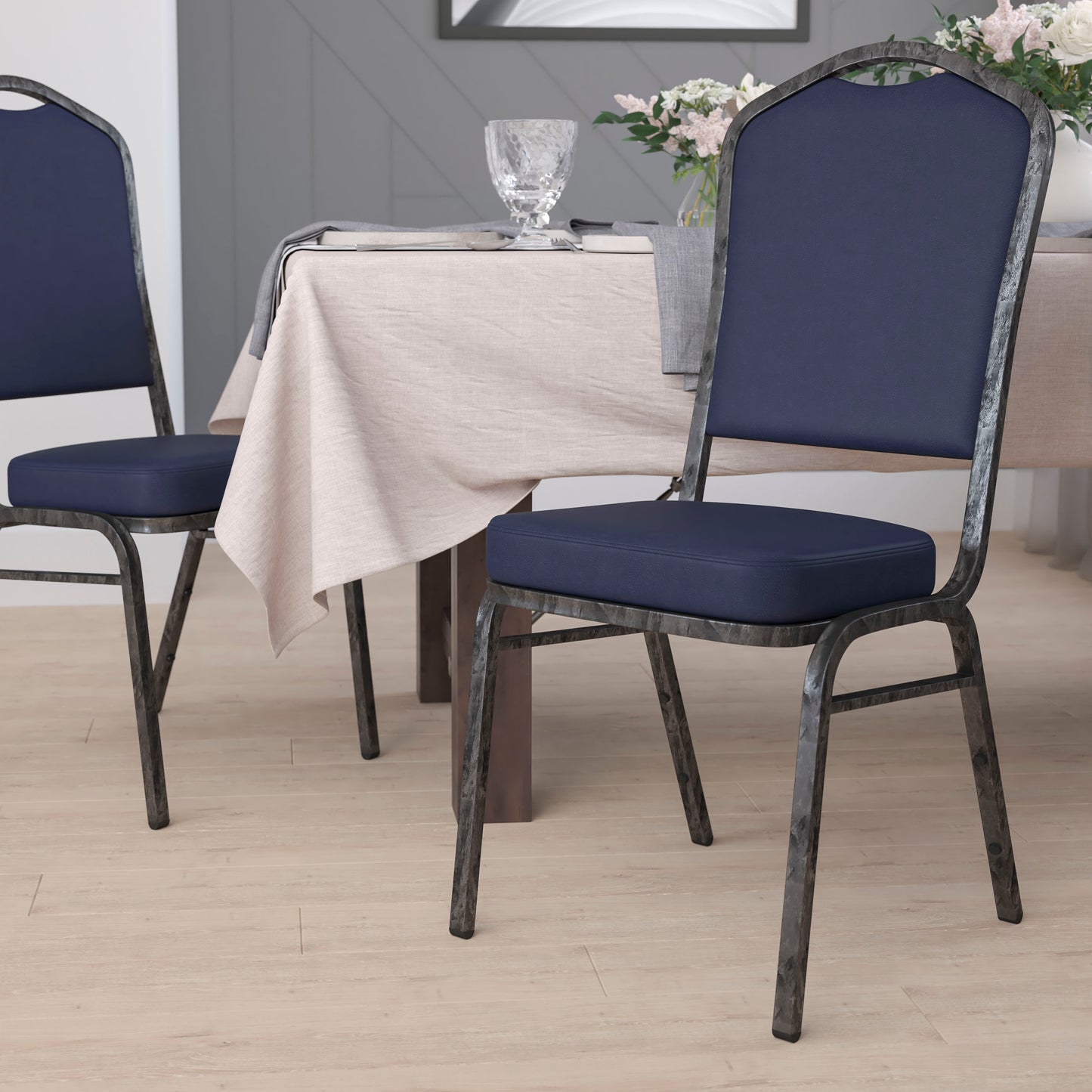 HERCULES Series Crown Back Stacking Banquet Chair in Navy Vinyl - Silver Vein Frame Navy Vinyl/Silver Vein Frame