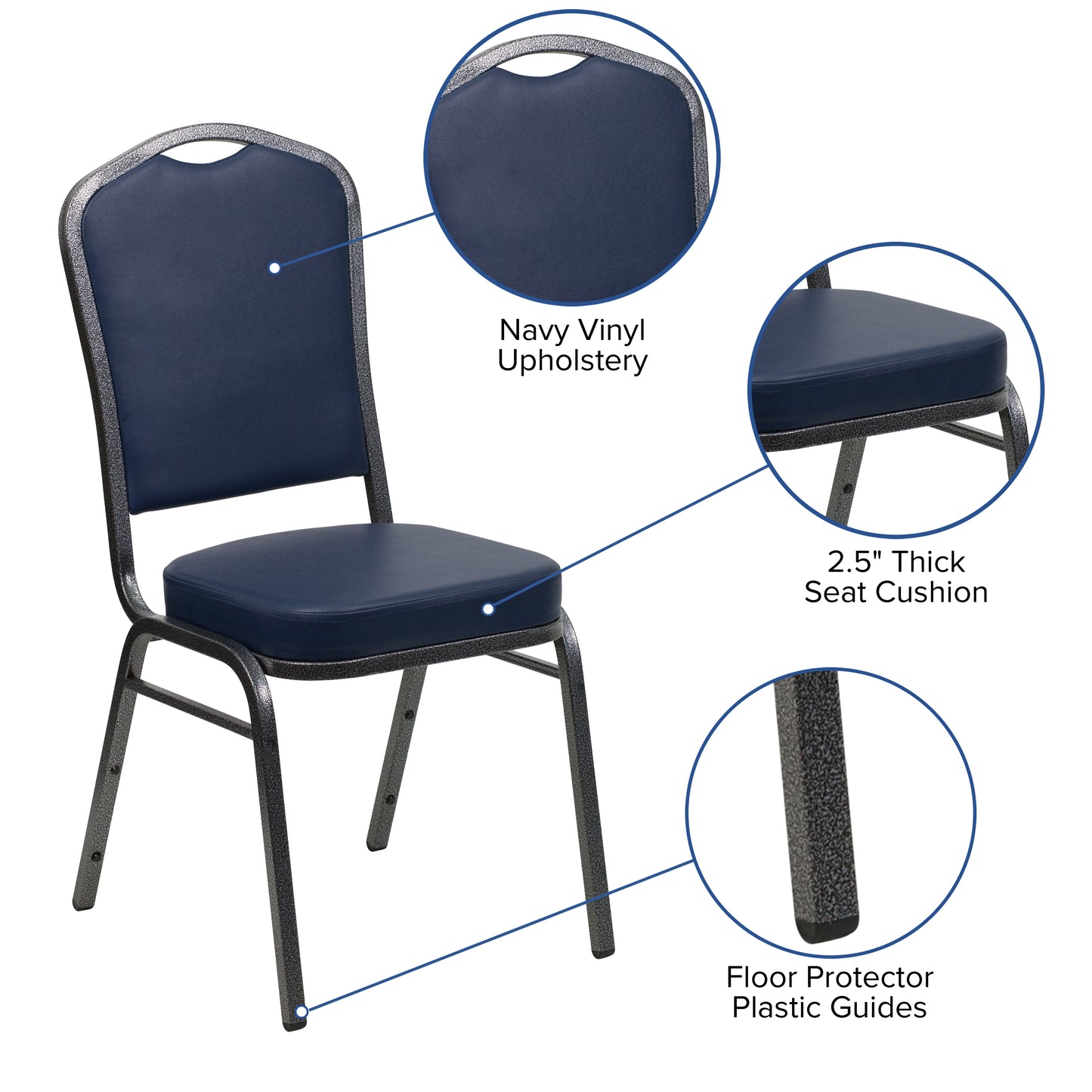 HERCULES Series Crown Back Stacking Banquet Chair in Navy Vinyl - Silver Vein Frame Navy Vinyl/Silver Vein Frame
