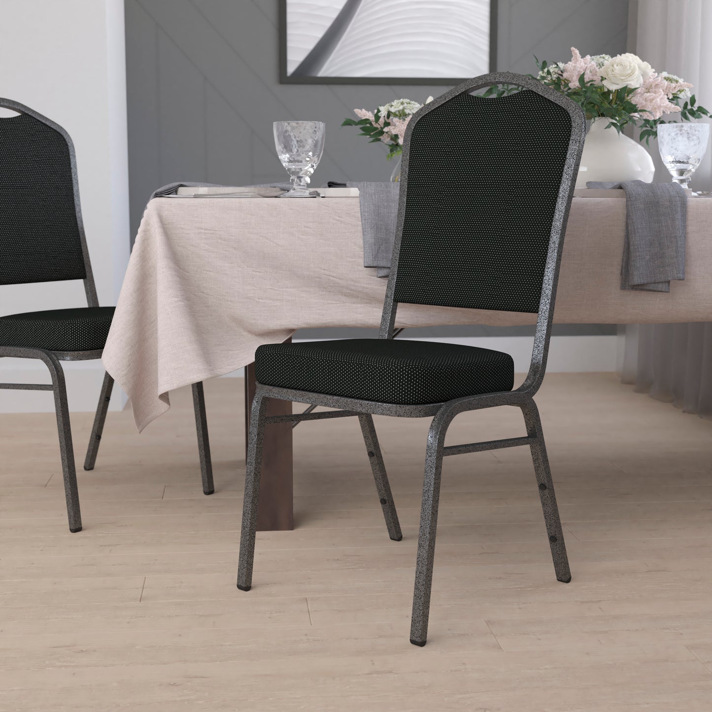 HERCULES Series Crown Back Stacking Banquet Chair in Black Dot Patterned Fabric - Silver Vein Frame Black Dot Patterned Fabric/Silver Vein Frame