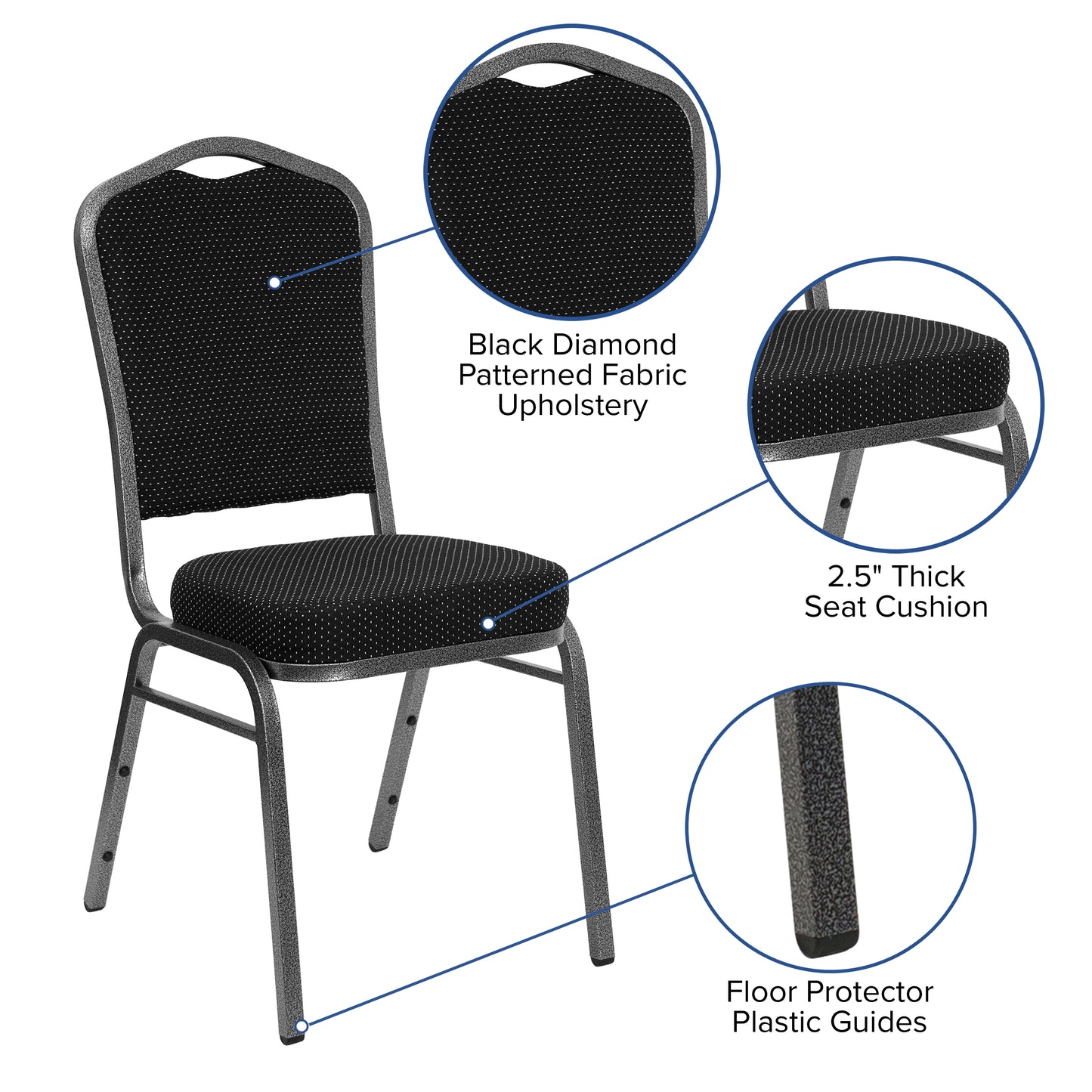 HERCULES Series Crown Back Stacking Banquet Chair in Black Dot Patterned Fabric - Silver Vein Frame Black Dot Patterned Fabric/Silver Vein Frame
