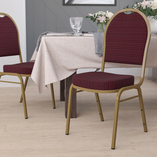 HERCULES Series Dome Back Stacking Banquet Chair in Burgundy Patterned Fabric - Gold Frame Burgundy Patterned Fabric/Gold Frame