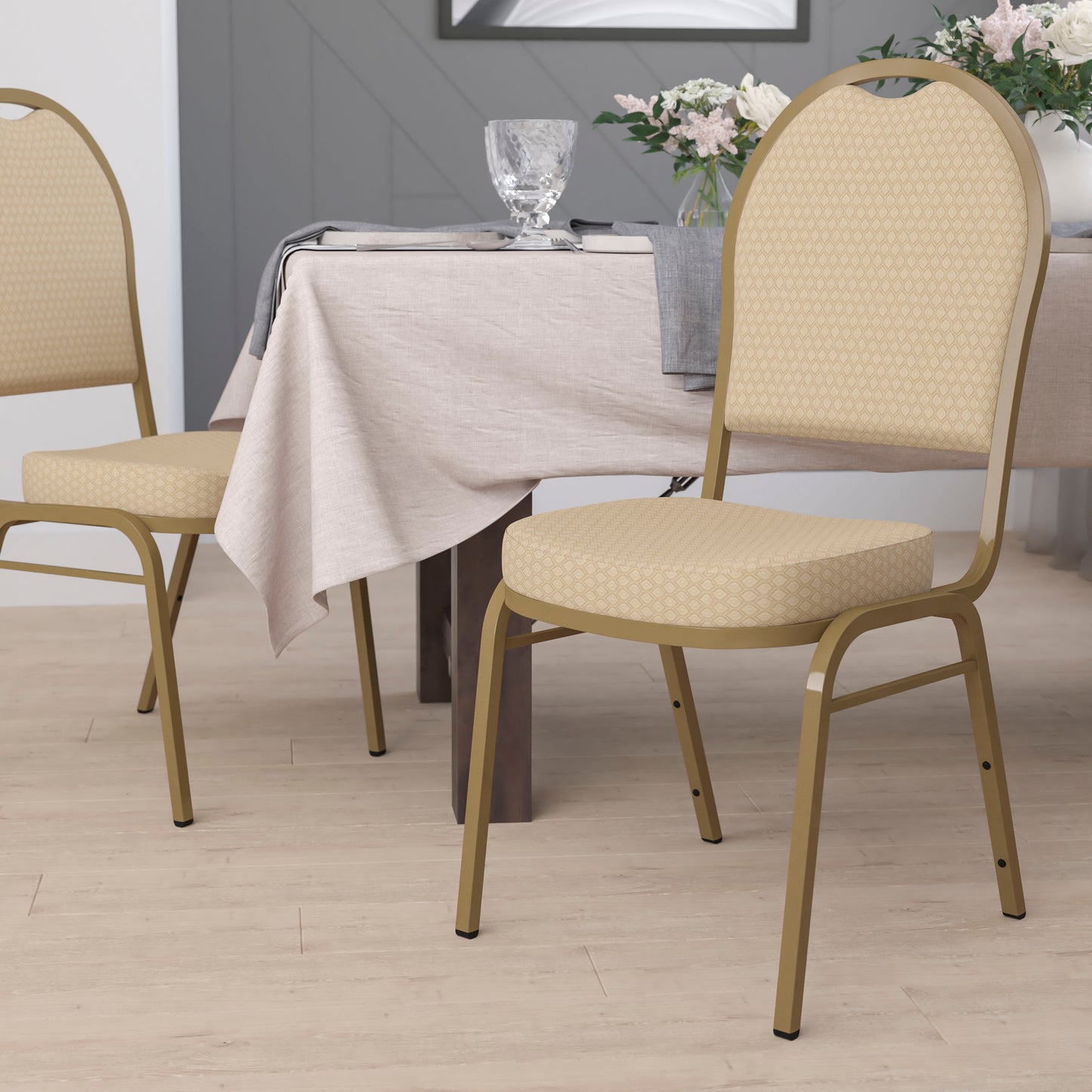 HERCULES Series Dome Back Stacking Banquet Chair in Beige Patterned Fabric - Gold Frame Beige Patterned Fabric/Gold Frame FD-C03-ALLGOLD-H20124E-GG