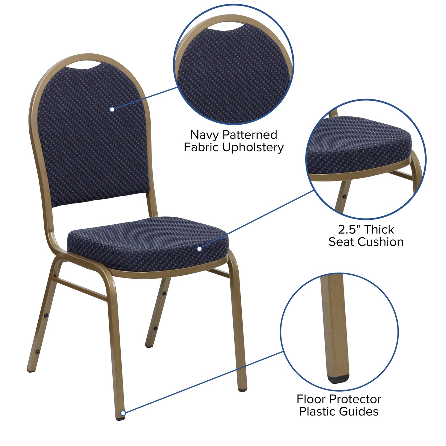 HERCULES Series Dome Back Stacking Banquet Chair in Navy Patterned Fabric - Gold Frame Navy Patterned Fabric/Gold Frame