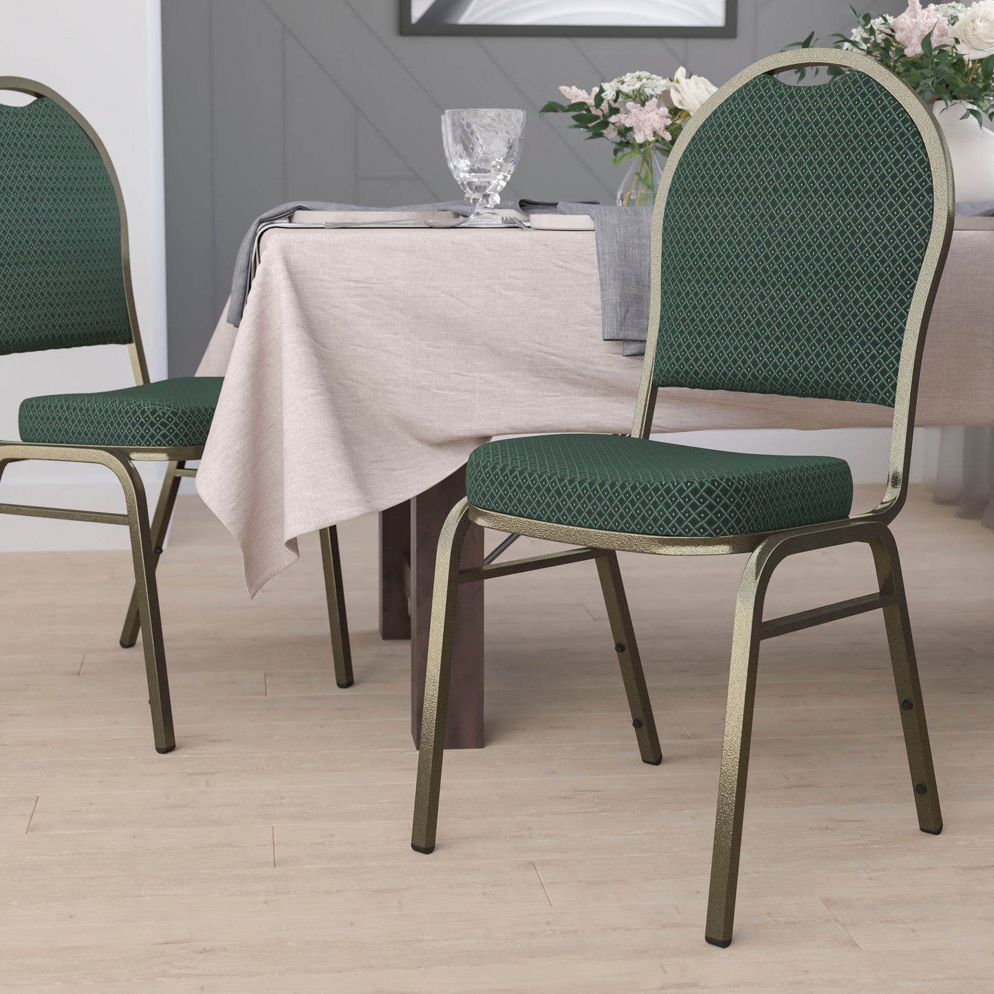 HERCULES Series Dome Back Stacking Banquet Chair in Green Patterned Fabric - Gold Vein Frame Green Patterned Fabric/Gold Vein Frame