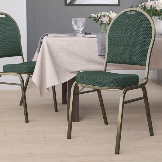 HERCULES Series Dome Back Stacking Banquet Chair in Green Patterned Fabric - Gold Vein Frame Green Patterned Fabric/Gold Vein Frame