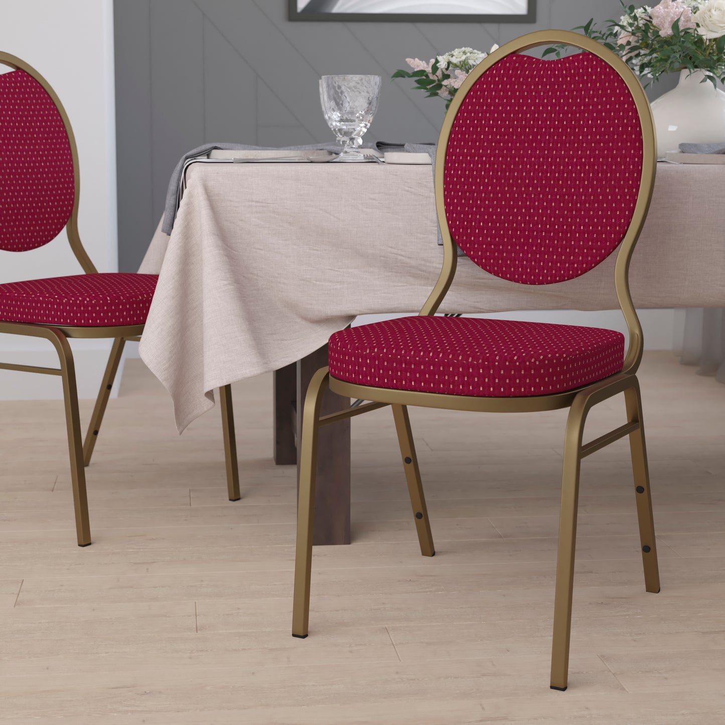 HERCULES Series Teardrop Back Stacking Banquet Chair in Burgundy Patterned Fabric - Gold Frame Burgundy Patterned Fabric/Gold Frame