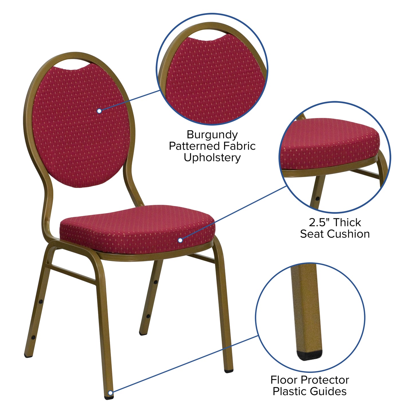 HERCULES Series Teardrop Back Stacking Banquet Chair in Burgundy Patterned Fabric - Gold Frame Burgundy Patterned Fabric/Gold Frame