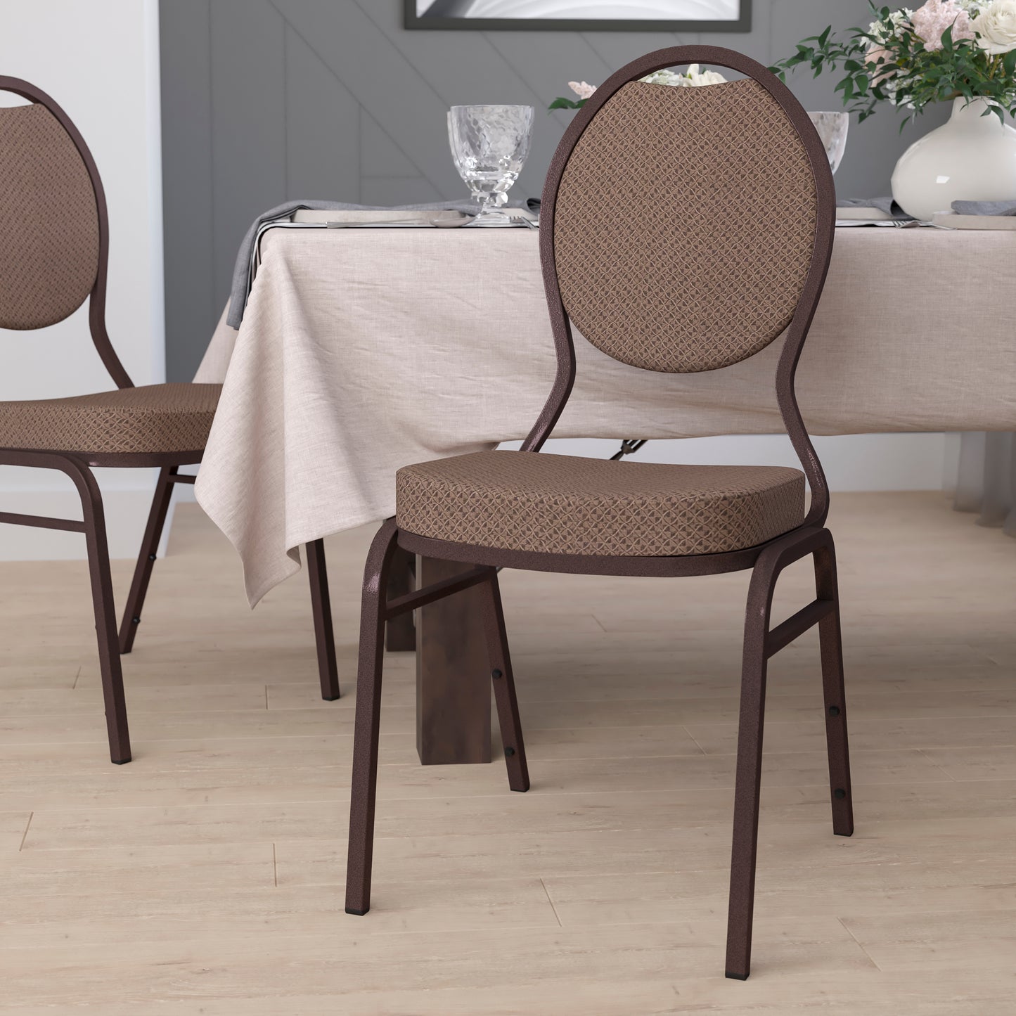 HERCULES Series Teardrop Back Stacking Banquet Chair in Brown Patterned Fabric - Copper Vein Frame Brown Patterned Fabric/Copper Vein Frame FD-C04-COPPER-008-T-02-GG
