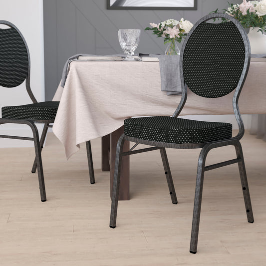 HERCULES Series Teardrop Back Stacking Banquet Chair in Black Patterned Fabric - Silver Vein Frame Black Patterned Fabric/Silver Vein Frame