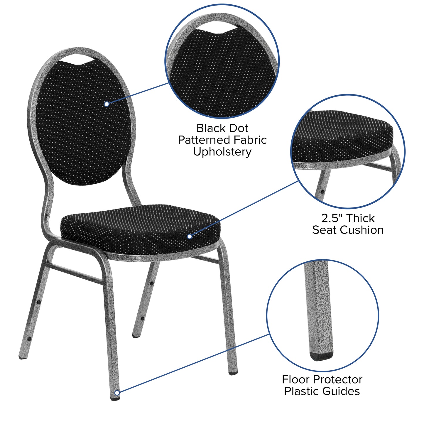 HERCULES Series Teardrop Back Stacking Banquet Chair in Black Patterned Fabric - Silver Vein Frame Black Patterned Fabric/Silver Vein Frame