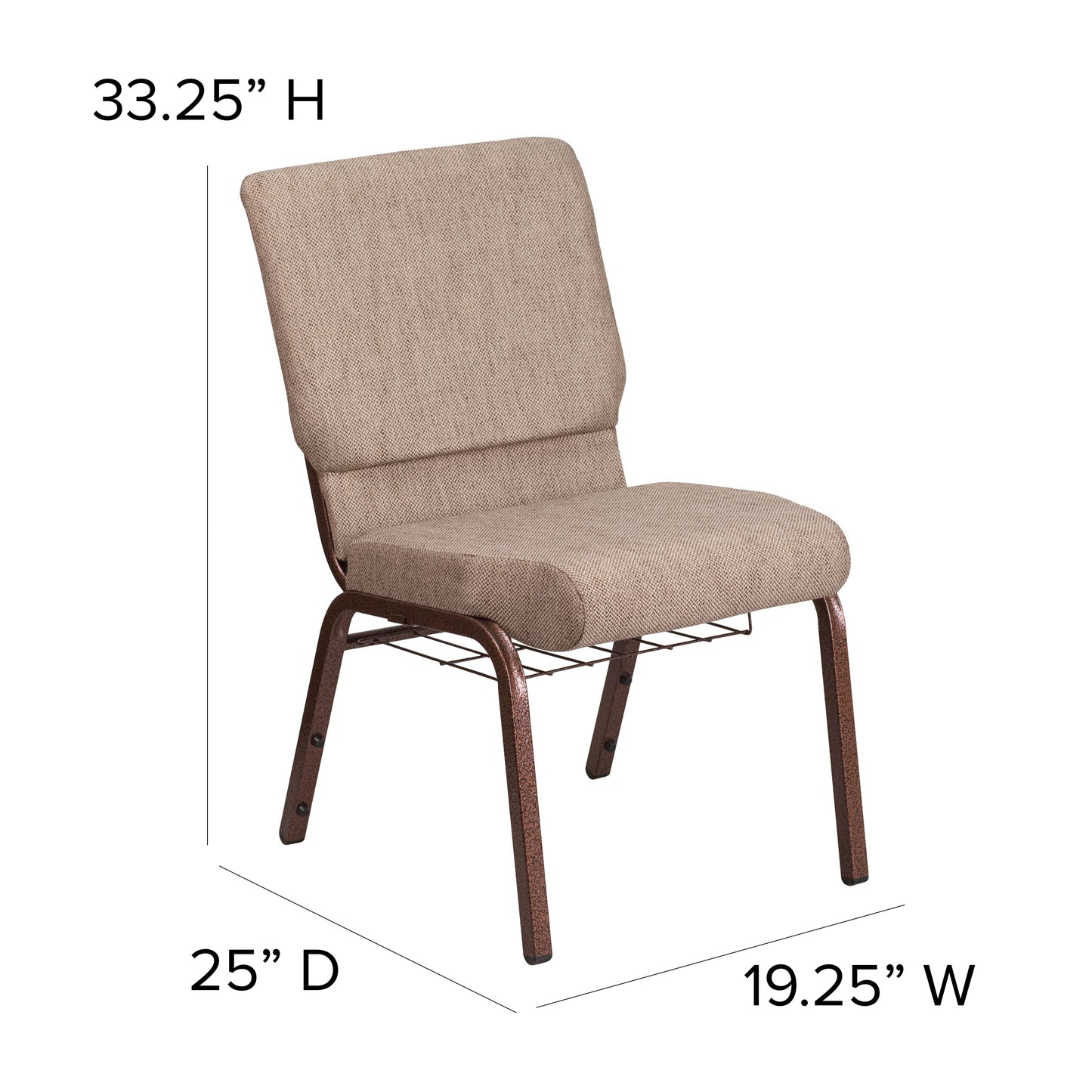 HERCULES Series 18.5''W Church Chair in Beige Fabric with Book Rack - Copper Vein Frame Beige Fabric/Copper Vein Frame