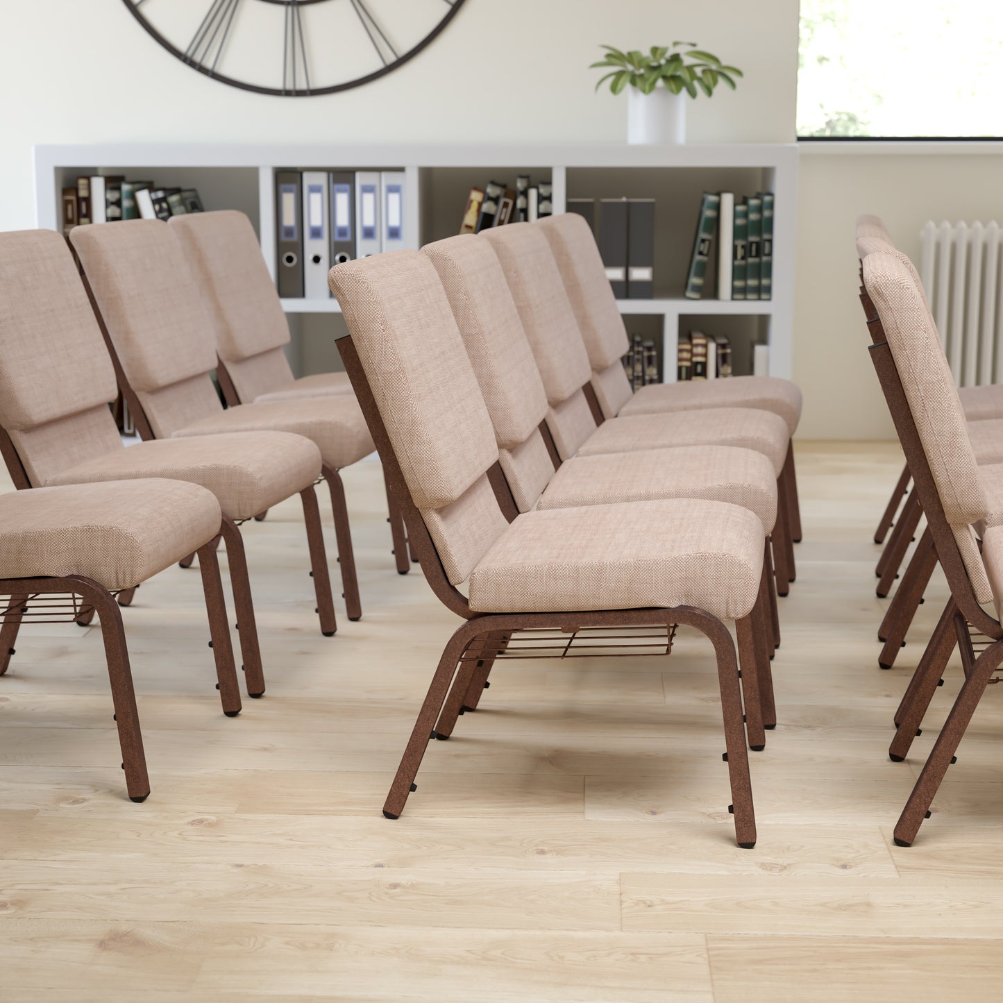HERCULES Series 18.5''W Church Chair in Beige Fabric with Book Rack - Copper Vein Frame Beige Fabric/Copper Vein Frame