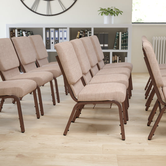 HERCULES Series 18.5''W Church Chair in Beige Fabric with Book Rack - Copper Vein Frame Beige Fabric/Copper Vein Frame
