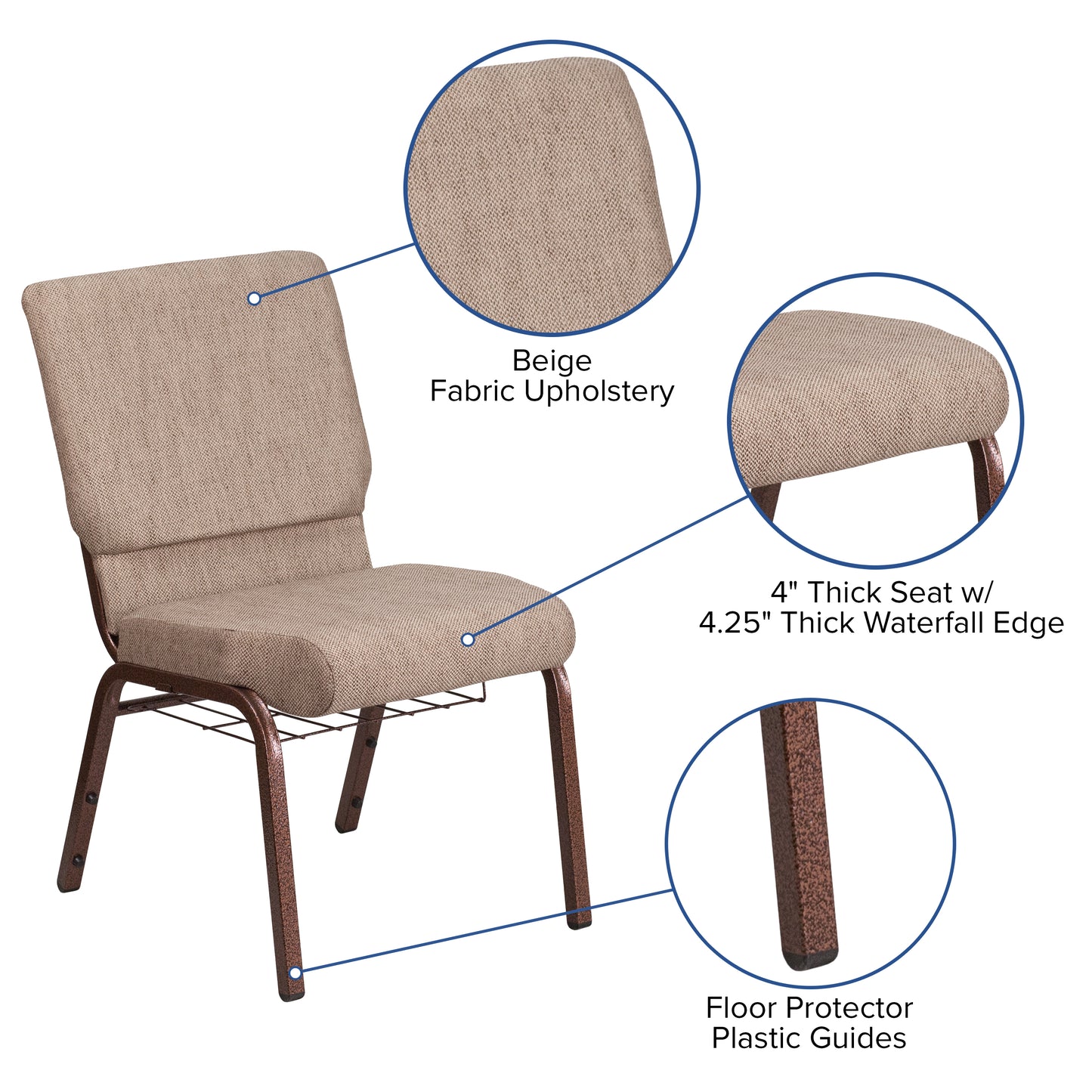 HERCULES Series 18.5''W Church Chair in Beige Fabric with Book Rack - Copper Vein Frame Beige Fabric/Copper Vein Frame