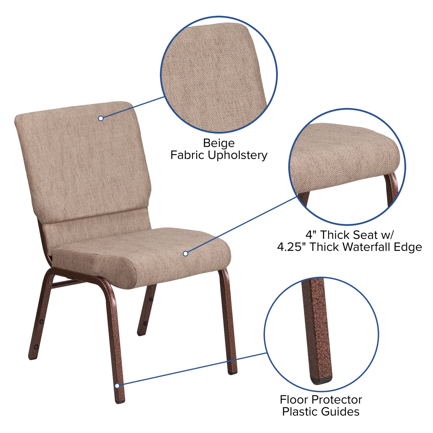 HERCULES Series 18.5''W Stacking Church Chair in Beige Fabric - Copper Vein Frame Beige Fabric/Copper Vein Frame