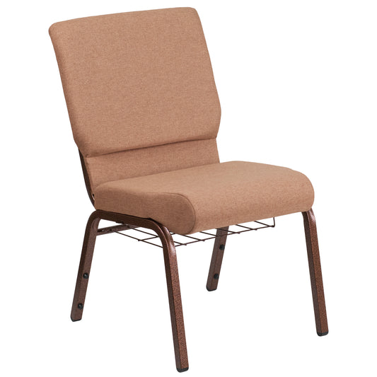 HERCULES Series 18.5''W Church Chair in Caramel Fabric with Cup Book Rack - Copper Vein Frame Caramel Fabric/Copper Vein Frame