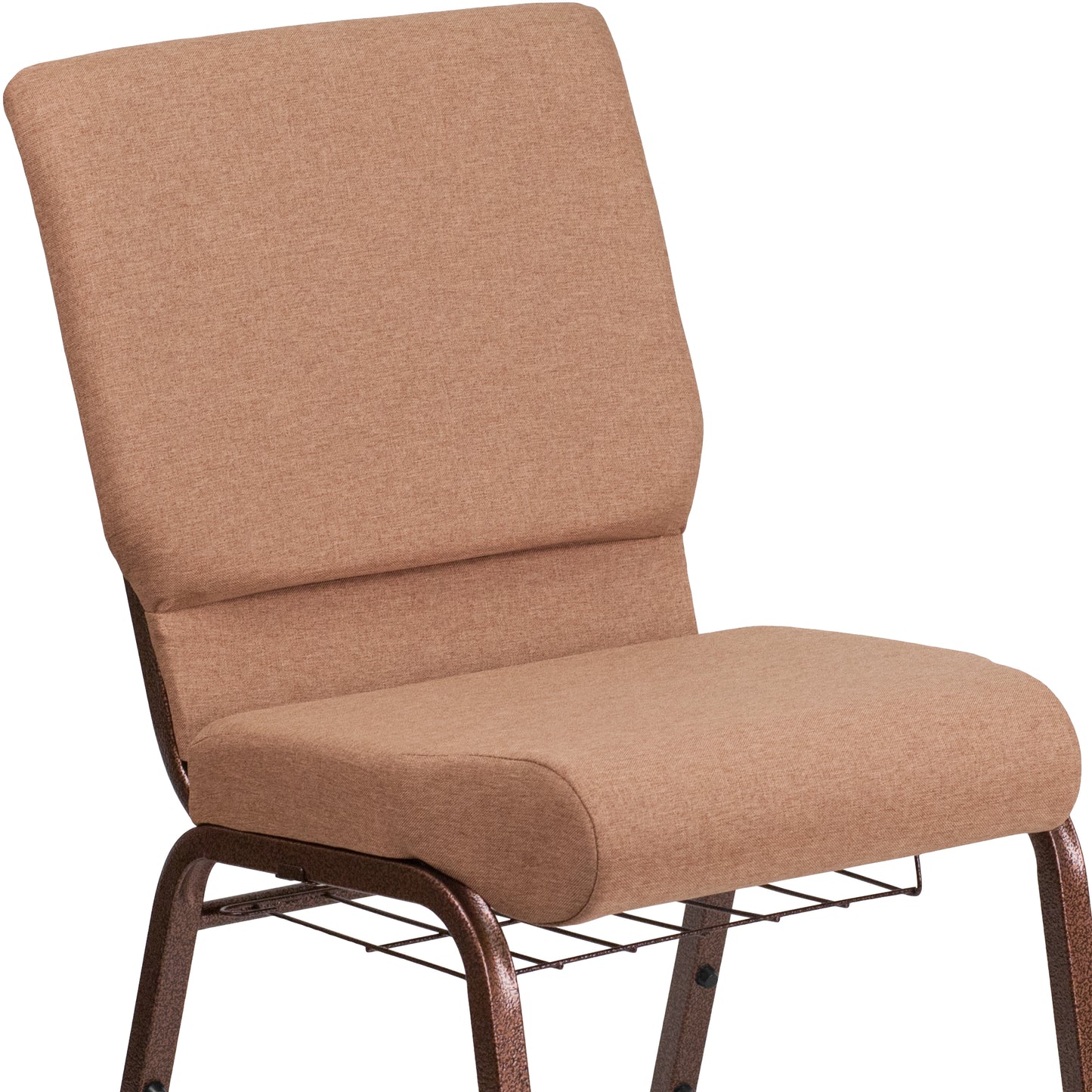 HERCULES Series 18.5''W Church Chair in Caramel Fabric with Cup Book Rack - Copper Vein Frame Caramel Fabric/Copper Vein Frame