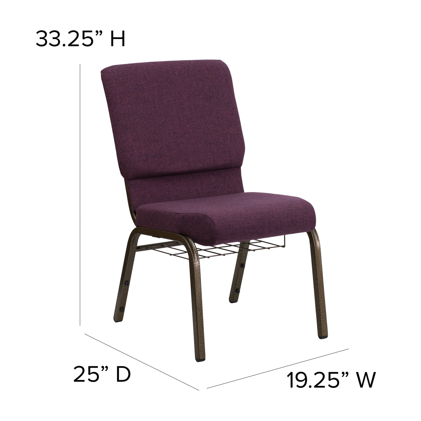 HERCULES Series 18.5''W Church Chair in Plum Fabric with Cup Book Rack - Gold Vein Frame Plum Fabric/Gold Vein Frame