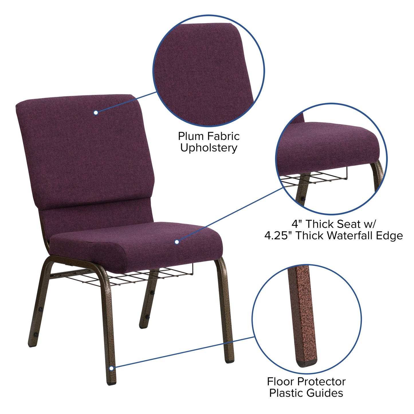 HERCULES Series 18.5''W Church Chair in Plum Fabric with Cup Book Rack - Gold Vein Frame Plum Fabric/Gold Vein Frame