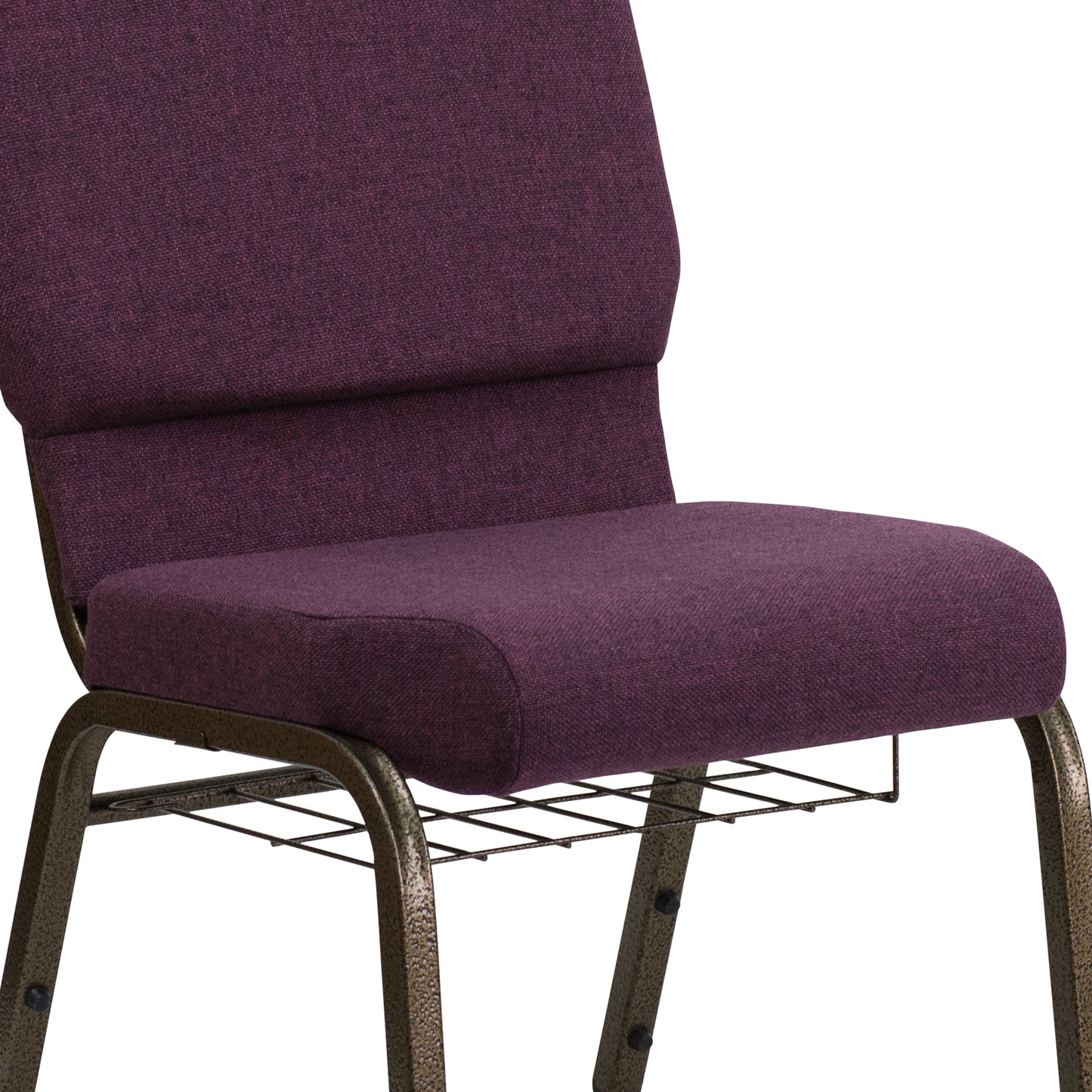 HERCULES Series 18.5''W Church Chair in Plum Fabric with Cup Book Rack - Gold Vein Frame Plum Fabric/Gold Vein Frame
