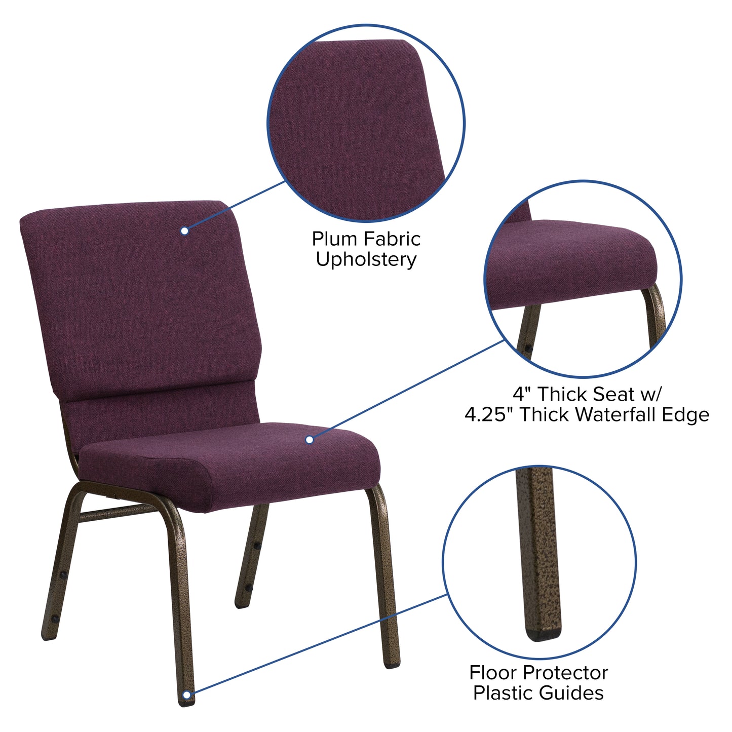 HERCULES Series 18.5''W Stacking Church Chair in Plum Fabric - Gold Vein Frame Plum Fabric/Gold Vein Frame