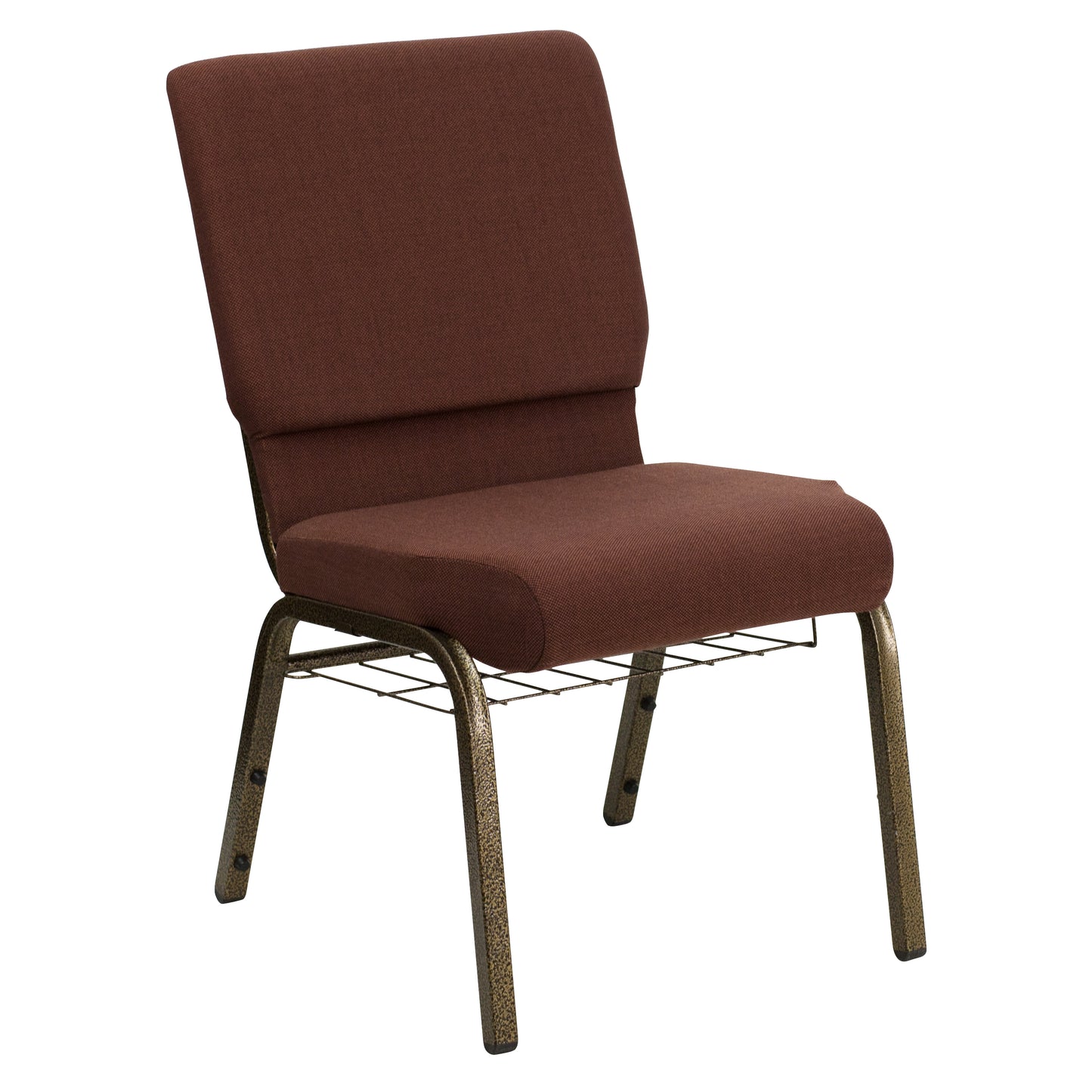 HERCULES Series 18.5''W Church Chair in Brown Fabric with Cup Book Rack - Gold Vein Frame Brown Fabric/Gold Vein Frame