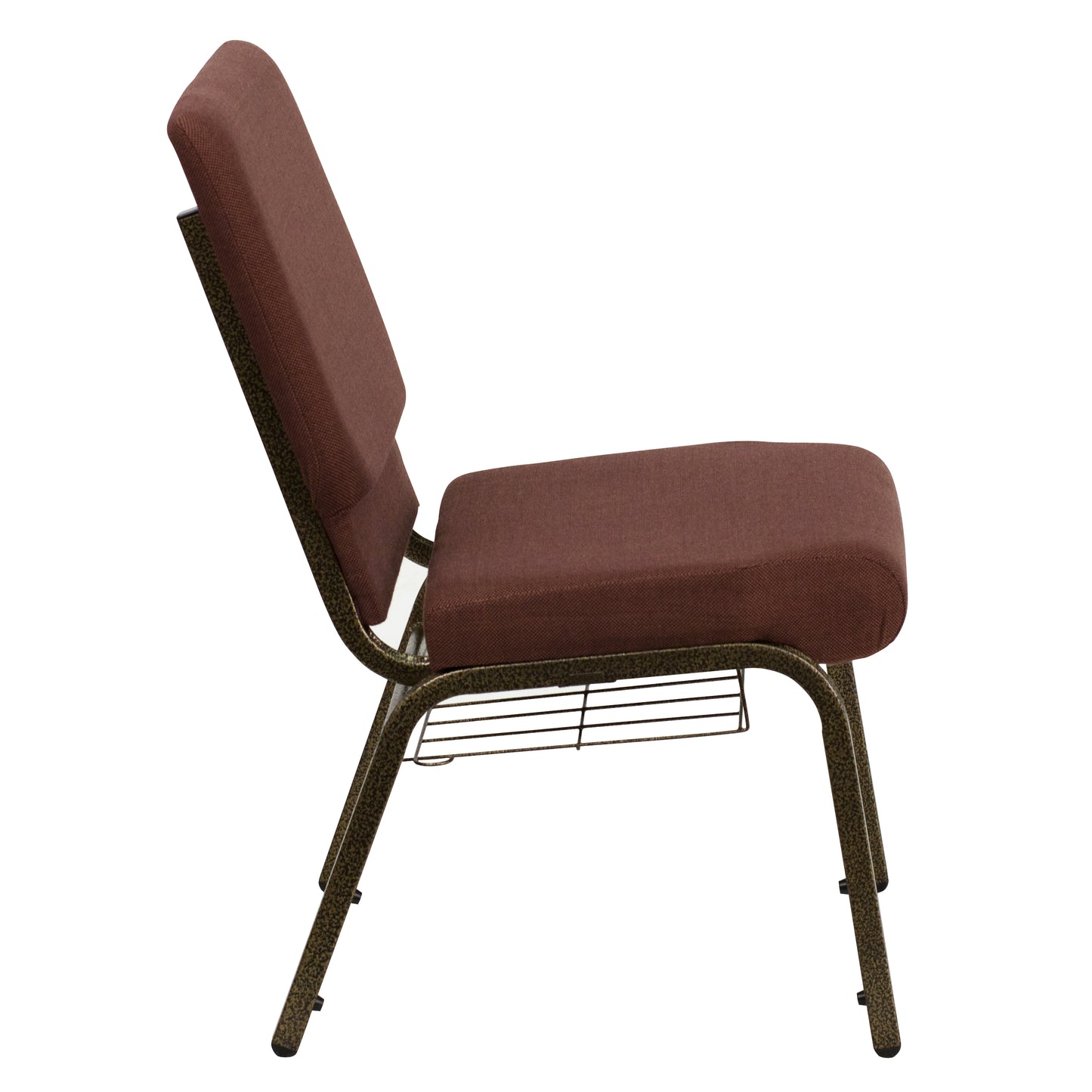 HERCULES Series 18.5''W Church Chair in Brown Fabric with Cup Book Rack - Gold Vein Frame Brown Fabric/Gold Vein Frame