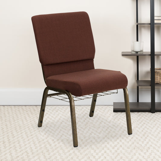 HERCULES Series 18.5''W Church Chair in Brown Fabric with Cup Book Rack - Gold Vein Frame Brown Fabric/Gold Vein Frame